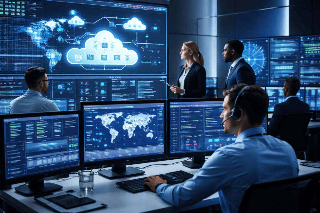 Enterprise network operations and hybrid cloud infrastructure monitored by AtlasOps engineers